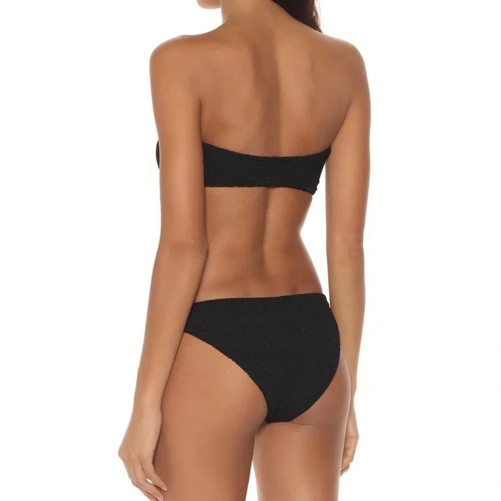 New Hunza G Gloria Bikini Set Black Strapless Bandeau Crinkle One Size Stretchy